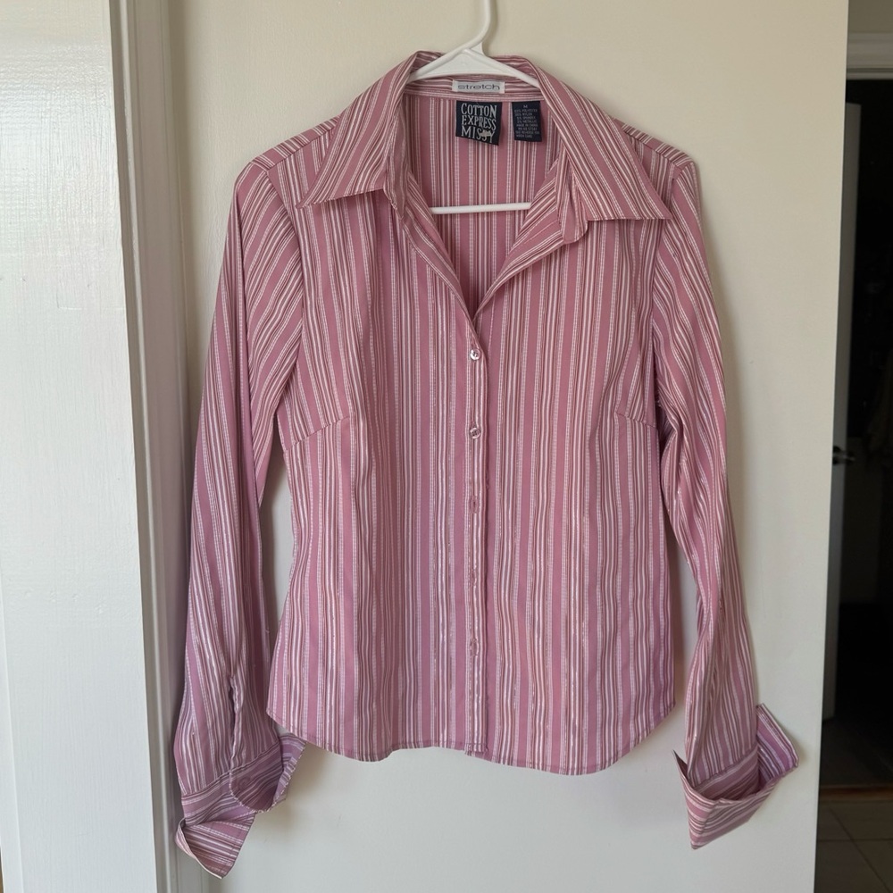 Cotton Express Missy Stretch Women’s Pink Striped Button Down Long Sleeve Shirt